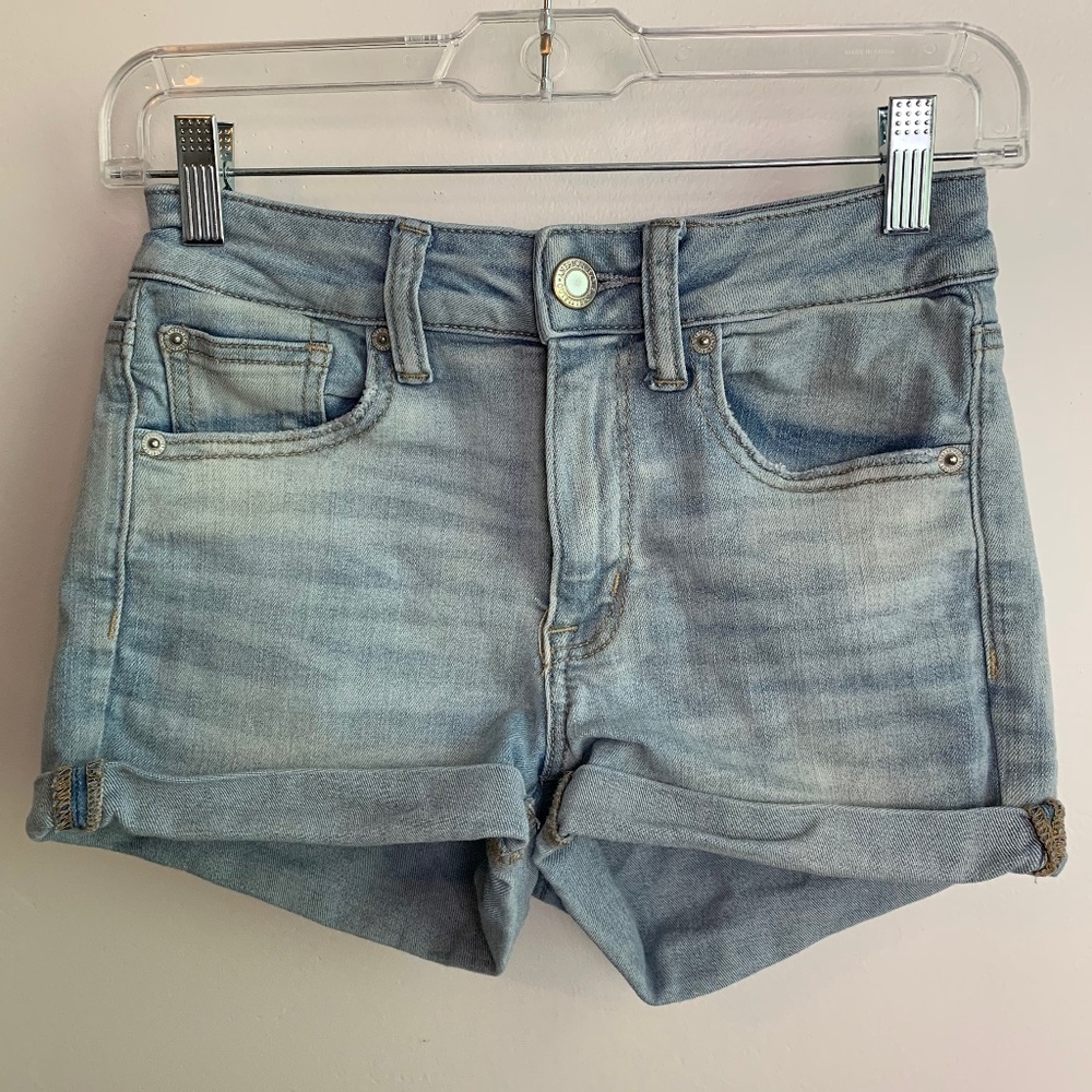 American Eagle Light Wash Hi-Rise Shortie Shorts